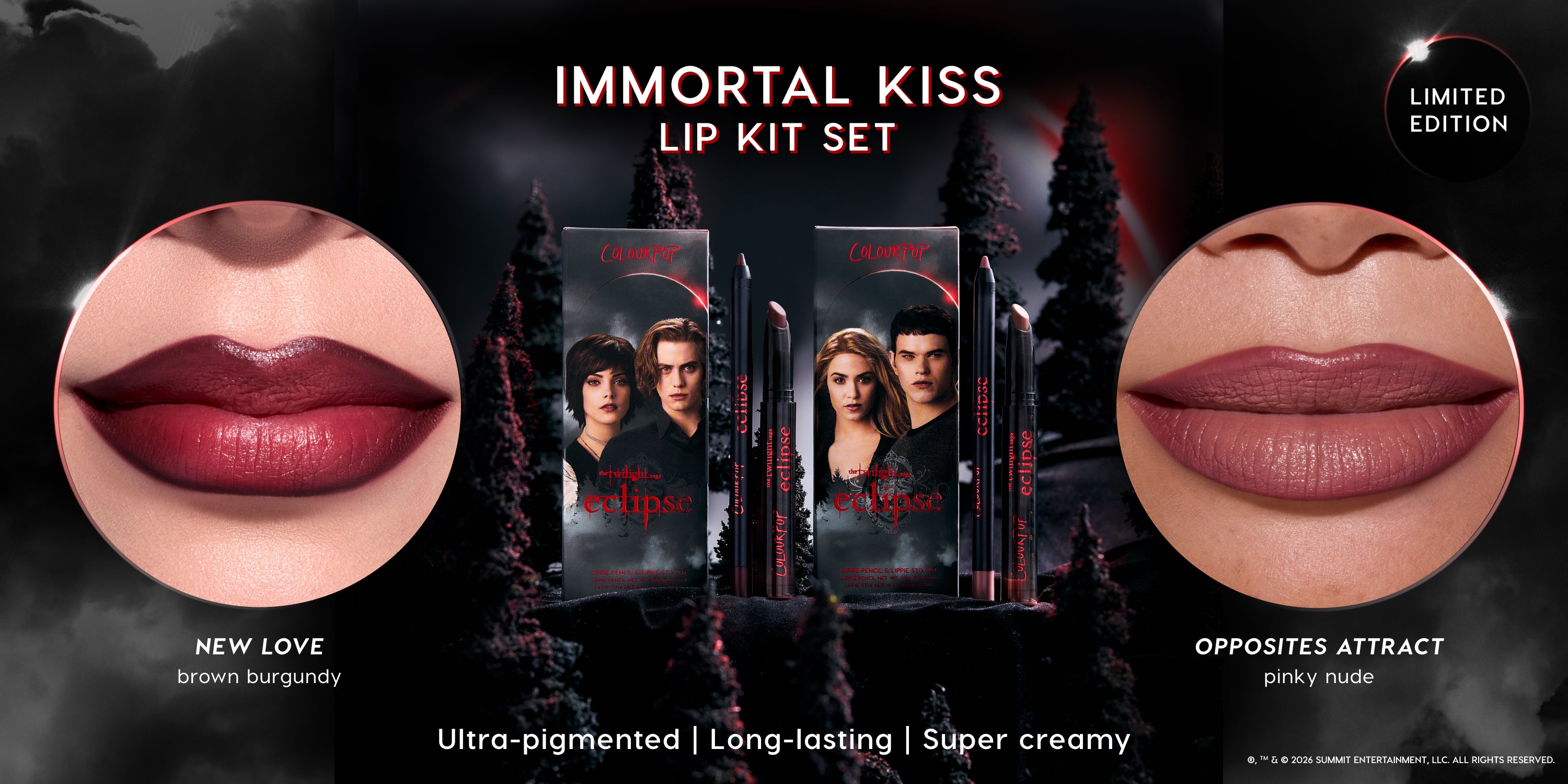 ColourPop Immortal Kiss Lip Kit Set displayed against a dark Eclipse-inspired forest background, showing two boxed lip kits with movie artwork, lip pencils and lipsticks, plus close-ups of New Love brown burgundy and Opposites Attract pinky nude shades on lips.