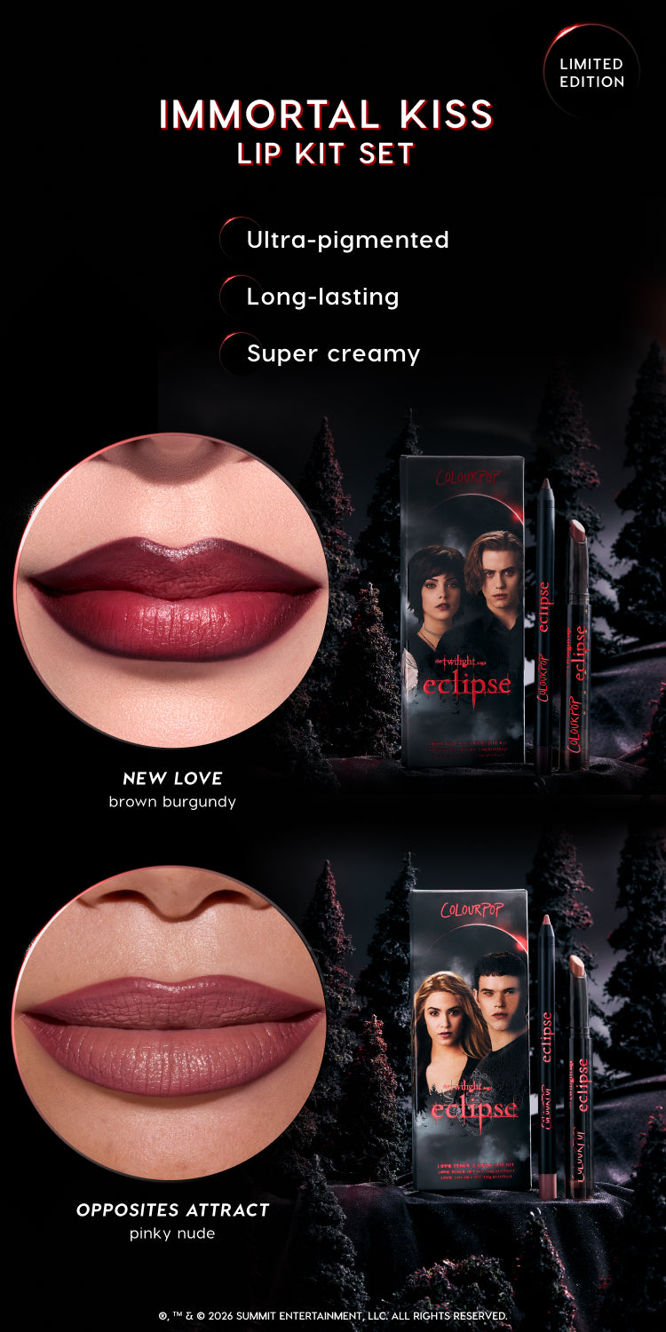 ColourPop Immortal Kiss Lip Kit Set promotional image showing two Twilight Eclipse themed lip kits in a dark forest background, with close-ups of ultra-pigmented, long-lasting, super creamy shades New Love brown burgundy and Opposites Attract pinky nude on lips.