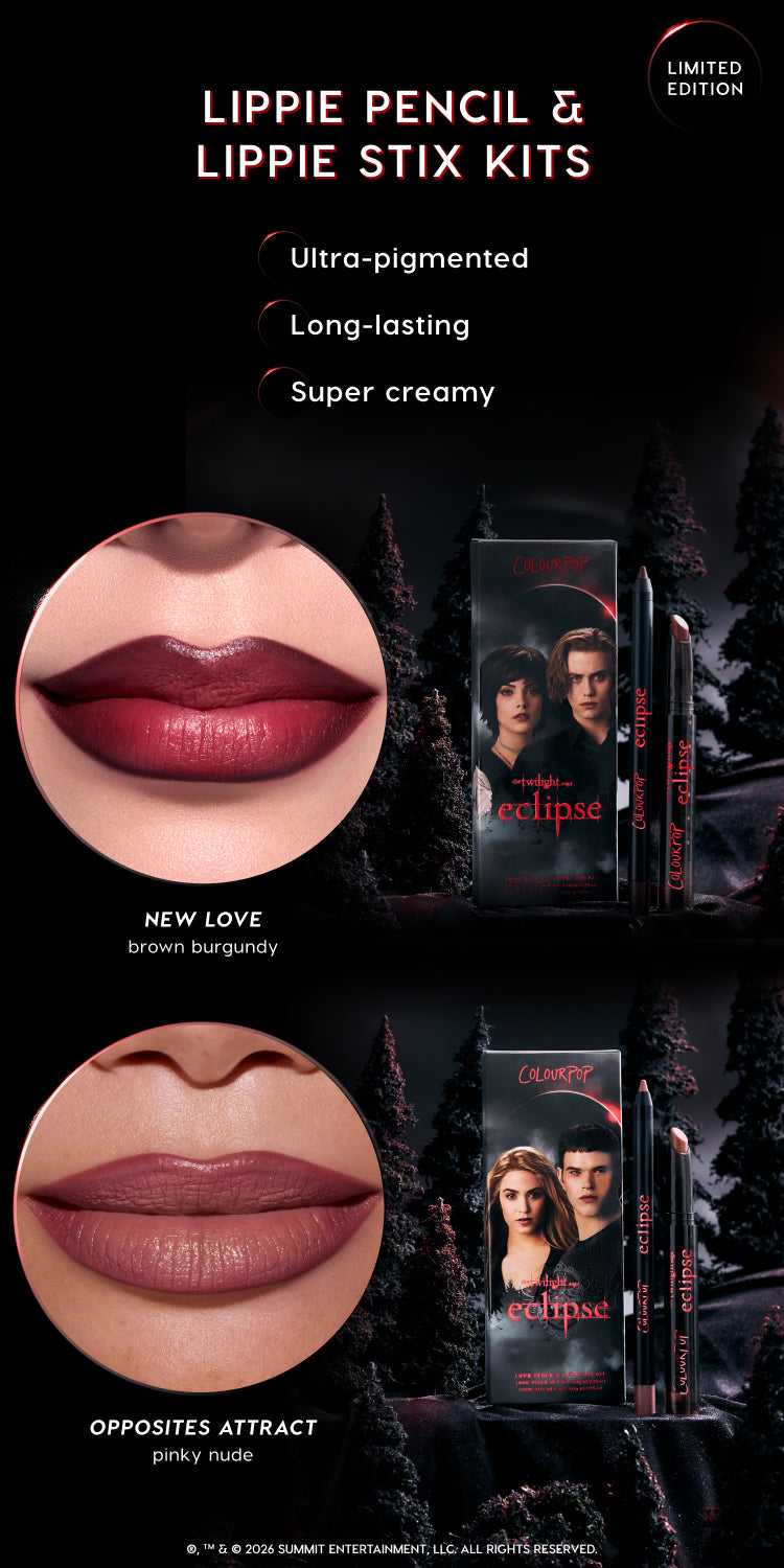 ColourPop limited edition Twilight Eclipse Lippie Pencil & Lippie Stix kits shown on lips, featuring New Love brown burgundy and Opposites Attract pinky nude shades with ultra‑pigmented, long‑lasting, super creamy formulas against a dark forest backdrop.