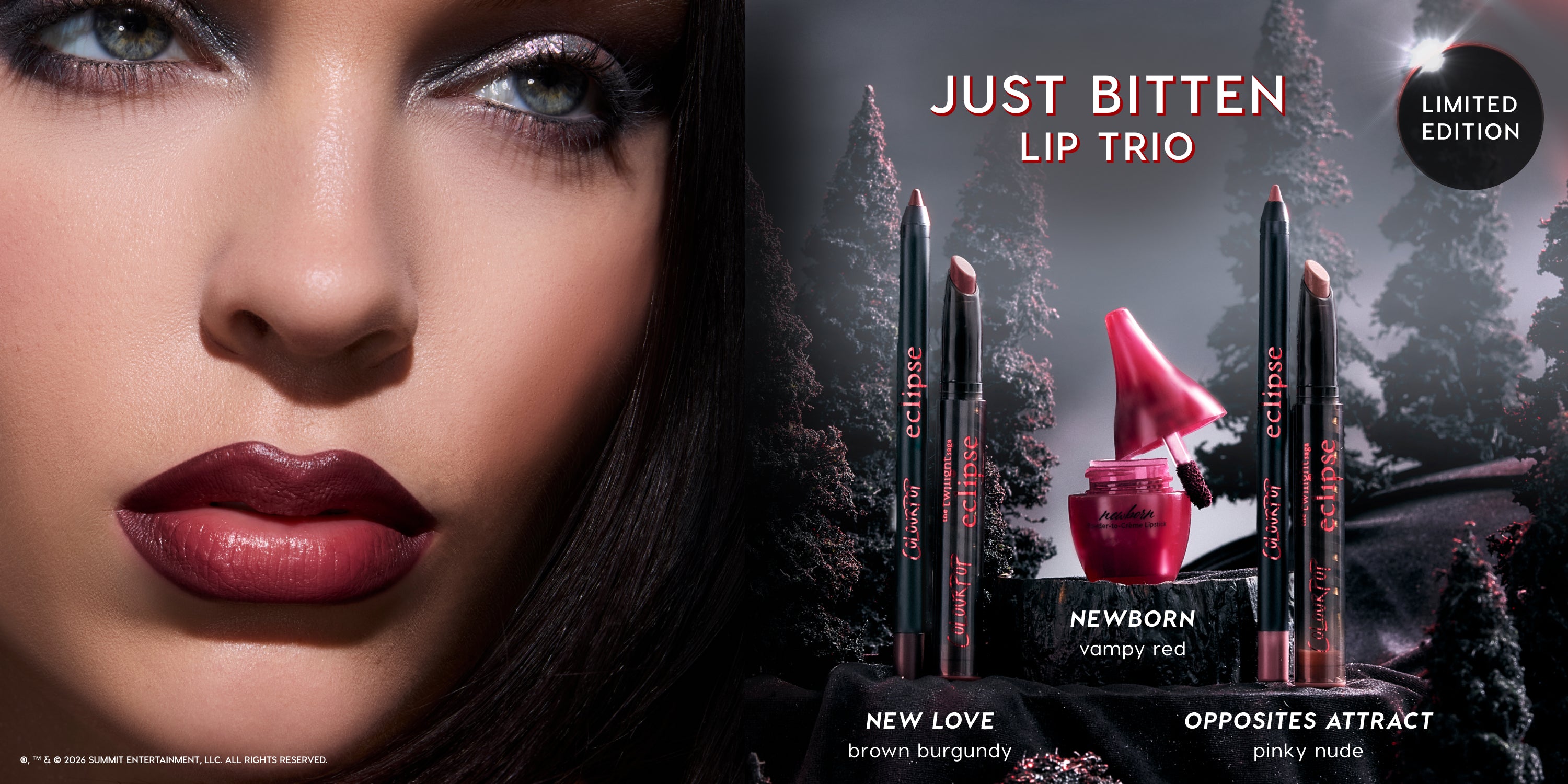 Just Bitten Lip Trio limited edition makeup set featuring three Eclipse lip products—New Love brown burgundy, Newborn vampy red gloss, and Opposites Attract pinky nude—displayed beside a close-up model wearing dramatic burgundy lipstick in a moody forest scene.