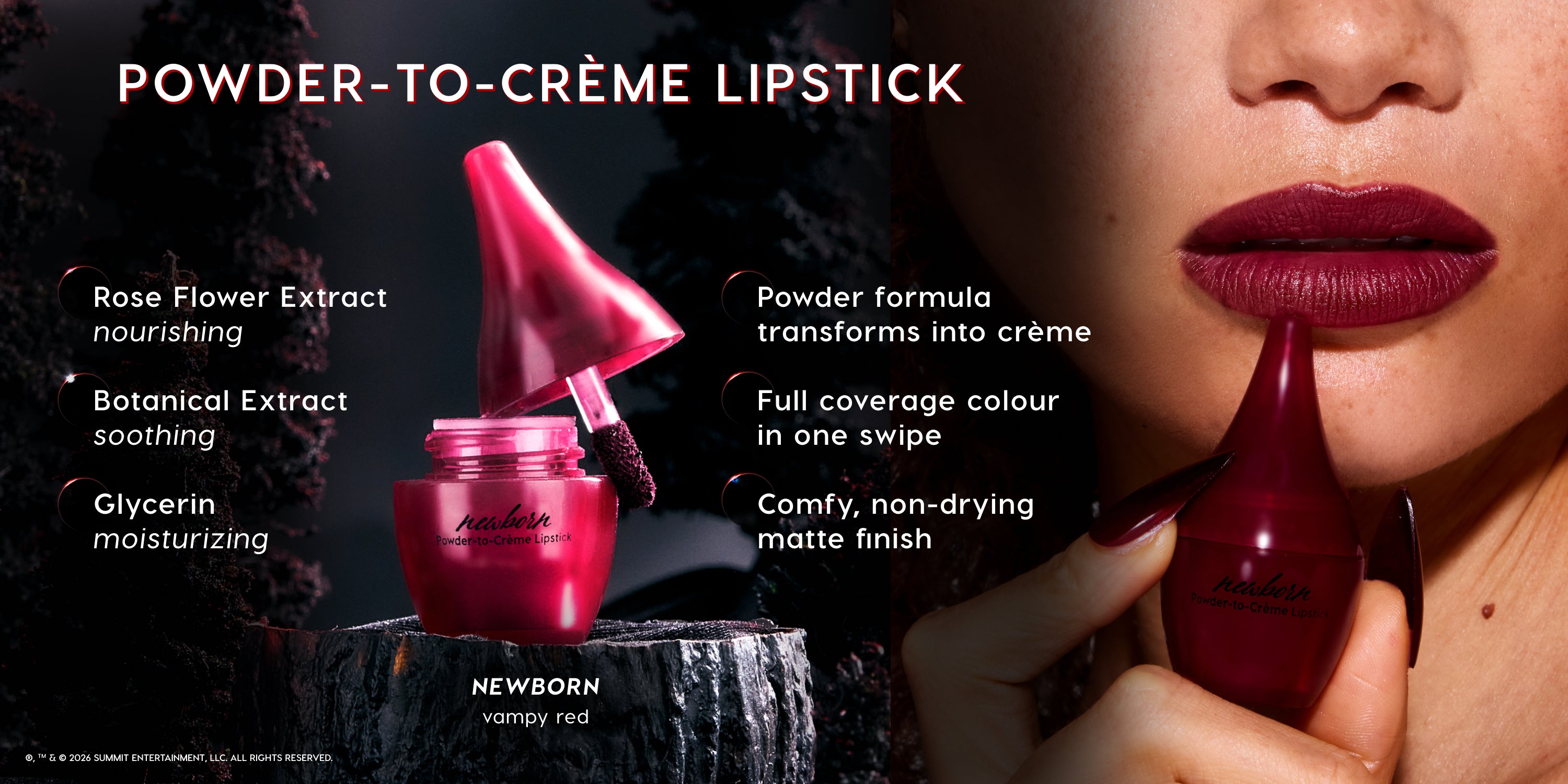 Newborn vampy red powder-to-crème lipstick bottle and applicator shown open on a dark rock while a model applies the rich matte vampy red shade to full lips, highlighting nourishing rose flower extract, soothing botanical extract, and moisturizing glycerin benefits.