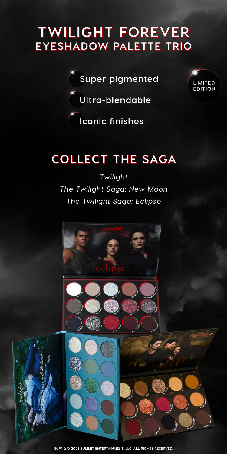 ColourPop Twilight Forever Eyeshadow Palette Trio displayed open against a dark cloudy background, showcasing three Twilight Saga–themed palettes with vibrant shimmer and matte shades inspired by Twilight, New Moon, and Eclipse.