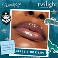 Glossy lips wearing Team Edward ColourPop Lux Lip Oil, a high-shine sheer finish infused with calendula and chamomile oils, shown in a Twilight Collection ad with a teal forest backdrop and playful wolf and truck icons.