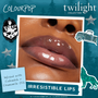Glossy lips wearing Team Edward ColourPop Lux Lip Oil, a high-shine sheer finish infused with calendula and chamomile oils, shown in a Twilight Collection ad with a teal forest backdrop and playful wolf and truck icons.