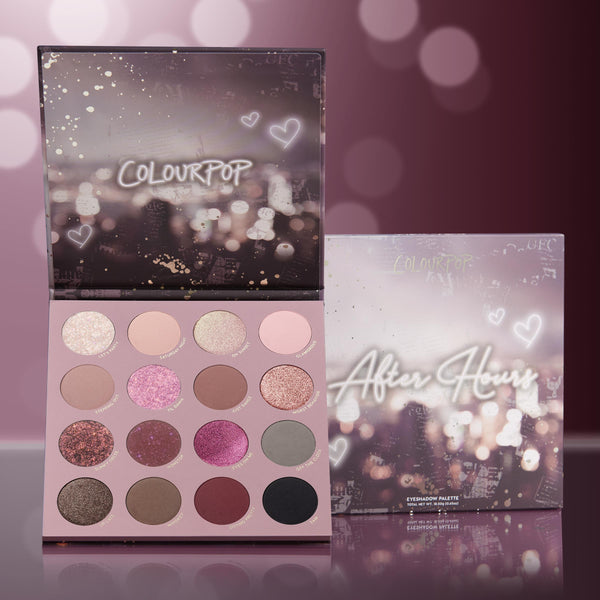 ColourPop Shadow Palette After Hours opens to show 16 rosy neutrals, pinks, mauves, and smoky shades in matte and shimmer finishes, with a bokeh heart-print lid and matching After Hours box beside it on a blush backdrop.