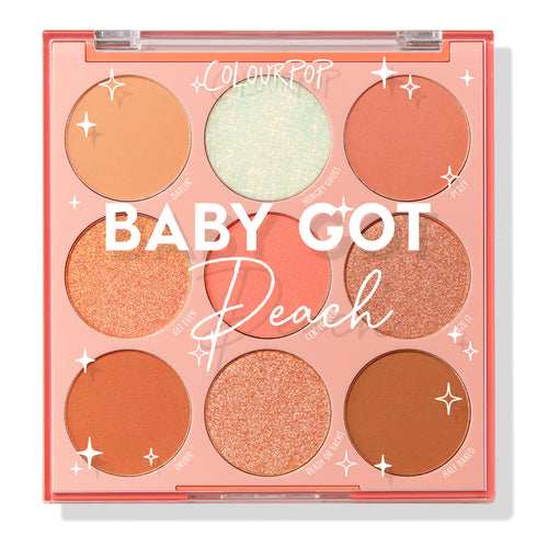 Baby Got Peach ColourPop Shadow Palette showcasing nine warm-toned pans - peach, coral, copper, champagne, terracotta, and a mint sparkle - in matte and shimmer finishes, arranged 3x3 in a peach compact with clear lid for soft glam eye looks.