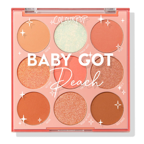 Baby Got Peach ColourPop Shadow Palette showcasing nine warm-toned pans - peach, coral, copper, champagne, terracotta, and a mint sparkle - in matte and shimmer finishes, arranged 3x3 in a peach compact with clear lid for soft glam eye looks.