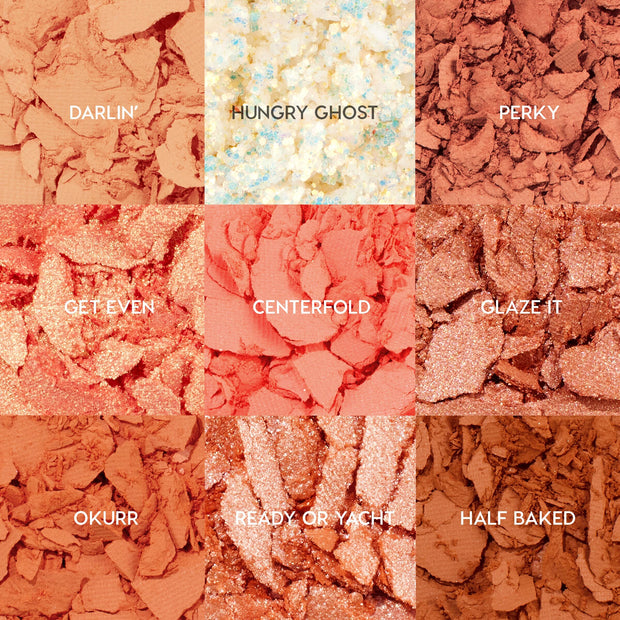 Baby Got Peach ColourPop Shadow Palette swatches displayed as crushed shadows in a 3x3 grid, showcasing peach and copper mattes and shimmers: Darlin’, Hungry Ghost, Perky, Get Even, Centerfold, Glaze It, Okurr, Ready or Yacht, Half Baked.