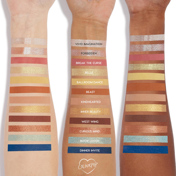 Three arms display swatches of the ColourPop As Old As Time Shadow Palette, Cheek & Lip Set, showing matte and shimmer shades labeled from silver and rose to gold, mustard, bronze, teal, and deep navy across light, medium, and deep skin tones.