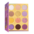Best Day Ever ColourPop Shadow Palette half-open, revealing 12 shades - mattes and shimmers in white, beige, gold, yellow, lilac, purple, coral, and deep brown - in a sun-print tray, with a purple cover illustrated with Rapunzel and lanterns.