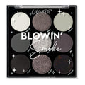 Blowin’ Smoke shadow palette showcasing nine cool‑toned shades - white, silver, graphite, and black - in matte, shimmer, and glitter finishes arranged 3x3 in a black compact with clear lid; ColourPop Shadow Palette for bold smoky eyes.