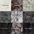 ColourPop Blowin' Smoke shadow palette showcases nine cool-toned pans - Young Love, Smokin', Stone Face, Slated, Star Struck, Ignite, Let's Do It, Full Metal, Night Dream - crushed and textured in a 3x3 grid of matte, metallic, and glitter grays to black.