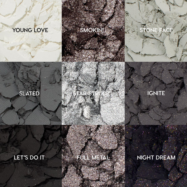 ColourPop Blowin' Smoke shadow palette showcases nine cool-toned pans - Young Love, Smokin', Stone Face, Slated, Star Struck, Ignite, Let's Do It, Full Metal, Night Dream - crushed and textured in a 3x3 grid of matte, metallic, and glitter grays to black.