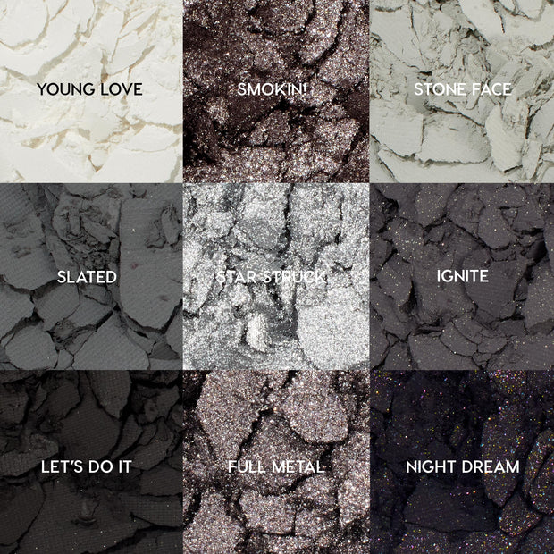 ColourPop Blowin' Smoke shadow palette showcases nine cool-toned pans - Young Love, Smokin', Stone Face, Slated, Star Struck, Ignite, Let's Do It, Full Metal, Night Dream - crushed and textured in a 3x3 grid of matte, metallic, and glitter grays to black.