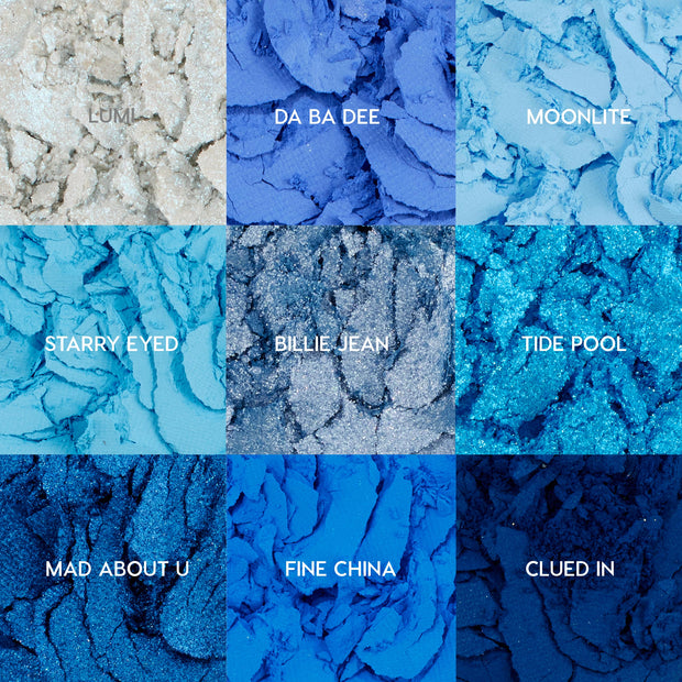 Blue Moon ColourPop Shadow Palette - nine crushed blue eyeshadow pans in a 3x3 grid - showcasing matte, metallic, and glitter finishes; shades labeled Lumi, Da Ba Dee, Moonlite, Starry Eyed, Billie Jean, Tide Pool, Mad About U, Fine China, Clued In.