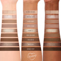 Brewtiful Neutrals Shadow Palette Set by ColourPop swatched on three forearms - light, medium, and deep skin tones - showing 10 coffee-inspired neutral shades from Salted Caramel to Double Shot in matte, shimmer, and metallic finishes.