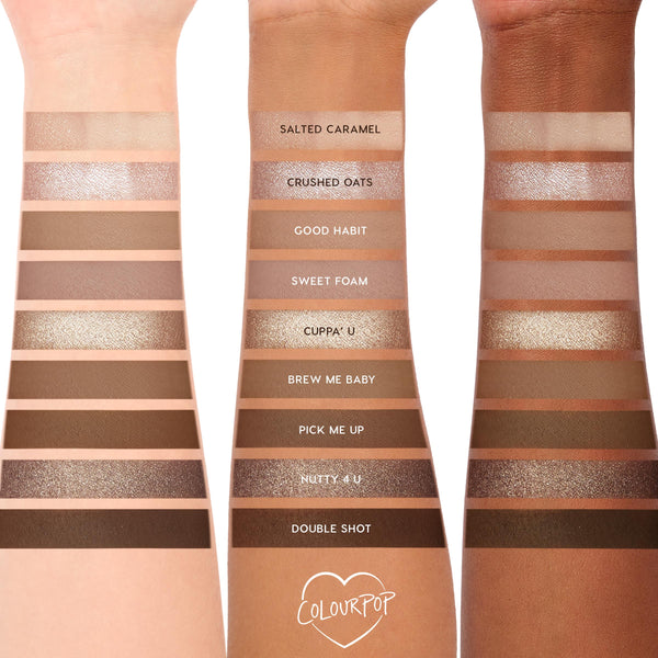 Brewtiful Neutrals Shadow Palette Set by ColourPop swatched on three forearms - light, medium, and deep skin tones - showing 10 coffee-inspired neutral shades from Salted Caramel to Double Shot in matte, shimmer, and metallic finishes.
