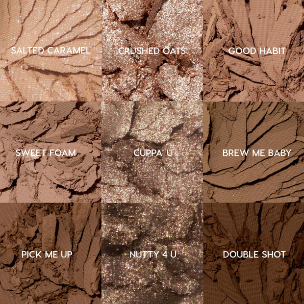Brewtiful Neutrals ColourPop Shadow Palette Set shown in a close-up 3x3 grid of crushed shades - Salted Caramel, Crushed Oats, Good Habit; Sweet Foam, Cuppa' U, Brew Me Baby; Pick Me Up, Nutty 4 U, Double Shot - matte and glittery brown neutrals.
