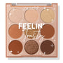 ColourPop Shadow Palette Feelin’ Toasty displays nine warm neutral eyeshadows - matte caramel, cinnamon, and deep cocoa with shimmery champagne, bronze, and glittery gold - set in a 3x3 grid beneath a closed clear lid with branded script.
