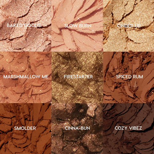 Feelin' Toasty ColourPop Shadow Palette displays nine crushed, labeled shades in a 3x3 grid - Baked Goods, Slow Burn, Cinder Up, Marshmallow Me, Firestarter, Spiced Rum, Smolder, Cinna‑Bun, Cozy Vibez - mix of matte and metallic coppers, caramels, and deep chocolates.