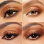 Four close-up eyelids showcase metallic gold, copper, and bronze gradients with soft brown smoke and highlighted inner corners, created using the Golden Hour ColourPop Shadow Palette, arranged in a studio quad layout to display wearable looks.