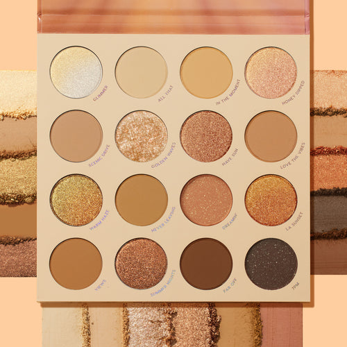 Golden Hour ColourPop Shadow Palette displaying 16 warm neutrals - champagne, caramel, copper, and deep brown to charcoal - in matte and shimmer finishes, with shade names around each pan and matching swatches beside it on a peach backdrop.