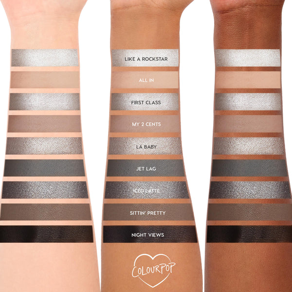 ColourPop Gone Metal shadow palette swatched on three skin tones, showing nine cool neutrals from metallic silver to taupe, gray, and matte black; shade names labeled from Like a Rockstar to Night Views; shimmer and matte finishes on white backdrop.