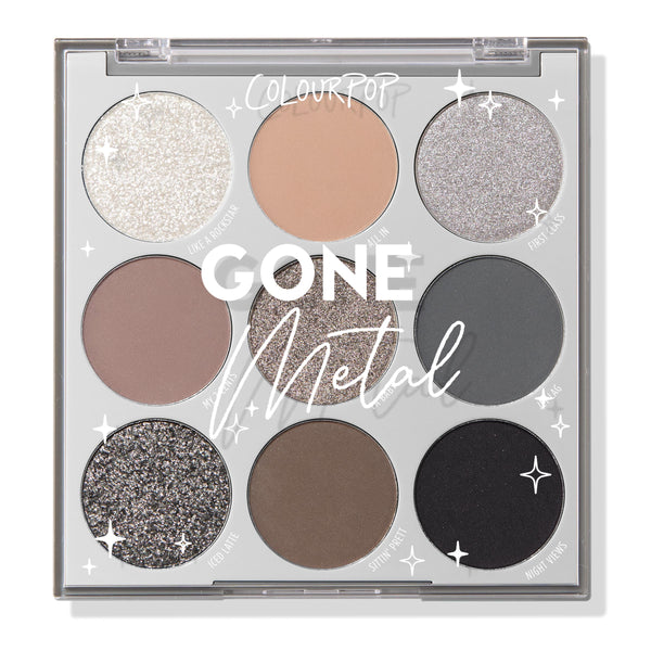 ColourPop Gone Metal shadow palette, a 9-pan ColourPop Shadow Palette, displays cool-toned neutrals from sparkling silver to matte taupe, charcoal, and black in matte, shimmer, and glitter finishes inside a square gray compact with star accents.