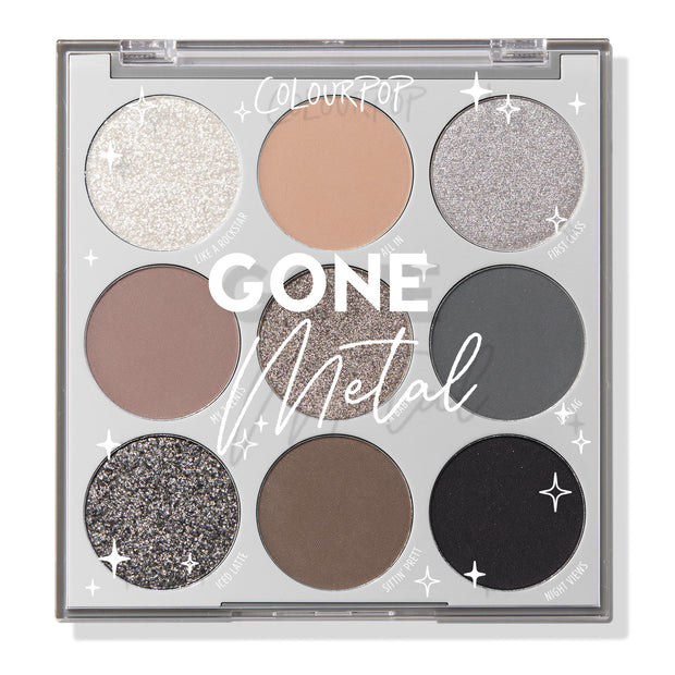 ColourPop Gone Metal shadow palette, a 9-pan ColourPop Shadow Palette, displays cool-toned neutrals from sparkling silver to matte taupe, charcoal, and black in matte, shimmer, and glitter finishes inside a square gray compact with star accents.