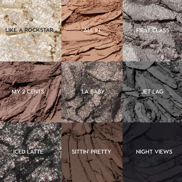 Gone Metal ColourPop Shadow Palette showcasing nine crushed shades in a grid - Like a Rockstar, All In, First Class, My 2 Cents, LA Baby, Jet Lag, Iced Latte, Sittin’ Pretty, Night Views - spanning champagne glitter to matte taupe, gunmetal, and black.