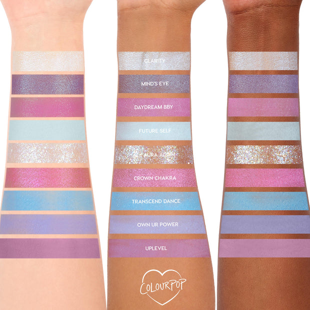 ColourPop In A Trance shadow palette swatches spanning three arms, showcasing pastel purples, pinks, and icy blues in matte, shimmer, and glitter finishes; shade names like Clarity, Mind’s Eye, Daydream BBY, Future Self, and Aura Again visible.