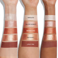 Precious Metals ColourPop Shadow Palette swatches displayed on three skin tones: Priceless (shimmery champagne), Major Element (rosy shimmer), Minding Mine (copper metallic), Not Basic (gold foil), Lucky One (matte terracotta), stacked in vertical bands.