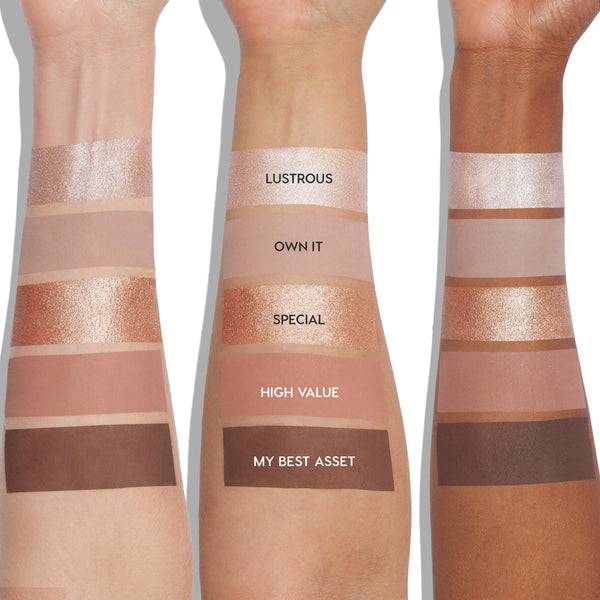 Precious Metals ColourPop Shadow Palette swatches - Lustrous, Own It, Special, High Value, My Best Asset - shown as five stripes on three forearms, displaying champagne shimmer, nude matte, rose-gold metallic, mauve matte, and deep brown matte.