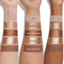 Precious Metals ColourPop Shadow Palette swatches on three forearms (light to deep), stacked from wrist: 100% matte beige, Rare Find rose-gold shimmer, That's On Periodic copper metallic, So Metal champagne sparkle, Total Rockstar matte brown.