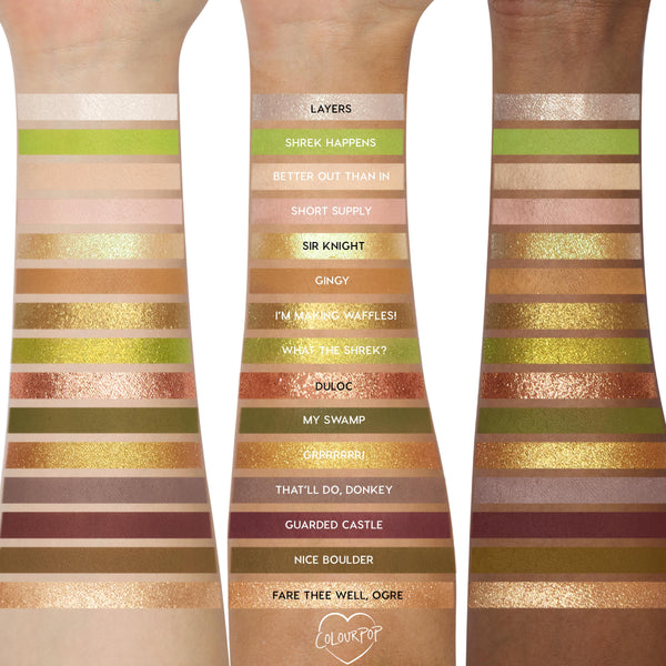 Beware Ogre ColourPop Shadow Palette swatched on three arms, with labeled shades in matte and metallic finishes - cream, taupe, mauve, mossy green, chartreuse, gold, and copper - showcasing the Shrek-inspired color story across skin tones.