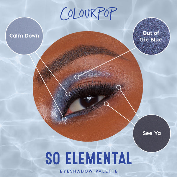 Model's eye showcases So Elemental ColourPop Shadow Palette, blending Calm Down, Out of the Blue, and See Ya blue shimmers across lid and lower lash line; callouts label each shade on a watery blue background with So Elemental branding.