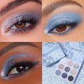 So Elemental ColourPop Shadow Palette showcases icy blue, silver, and cool-toned neutrals - glitter and matte - applied on models’ eyelids, with a close-up of the open 9-pan palette and water-ripple packaging in a four-panel collage.