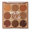 ColourPop Wild Child shadow palette displays nine warm brown neutrals - matte, metallic, and glitter - arranged 3x3 in a tan compact with a clear lid, shade names like Spotted, Fierce, Ground Crew, and Feisty visible; studio product shot on white.