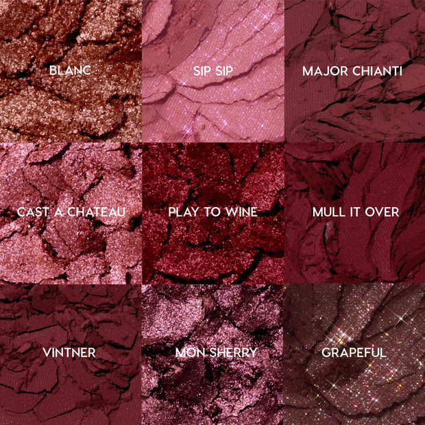 ColourPop Wine and Only shadow palette - nine crushed wine‑toned pans in a 3x3 grid, showing matte, metallic, and glitter finishes with shade names: Blanc, Sip Sip, Major Chianti, Cast a Chateau, Play to Wine, Mull It Over, Vintner, Mon Sherry, Grapeful.