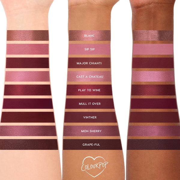 ColourPop Wine and Only shadow palette swatches stripe three arms - light, medium, and deep skin - showing matte and shimmer wine tones from rosé to merlot and plum, featuring shades like Blanc, Sip Sip, Major Chianti, Mon Sherry, and Grape-ful.
