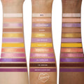Best Day Ever ColourPop Shadow Palette swatches displayed on three arms of varied skin tones, labeled from Max to Mother Knows Best, with lilac, gold, peach, brown, and pink mattes and shimmers showing pigment, payoff, and finish.