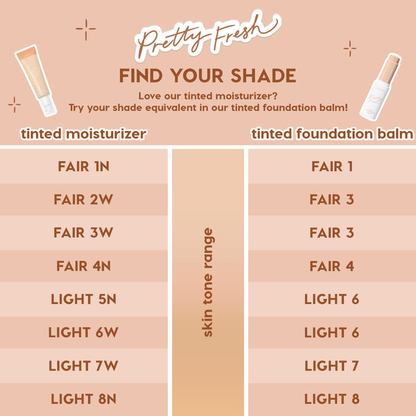 ColourPop Pretty Fresh Complexion Bundle Face Set shade chart maps tinted moisturizer shades to tinted foundation balm equivalents across fair to light skin tones, shown in two columns with product tube and bottle on a peach background.