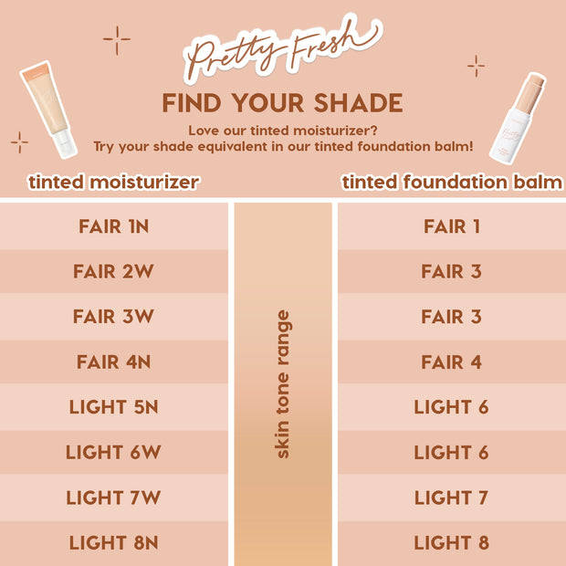 ColourPop Pretty Fresh Complexion Bundle Face Set shade chart maps tinted moisturizer shades to tinted foundation balm equivalents across fair to light skin tones, shown in two columns with product tube and bottle on a peach background.