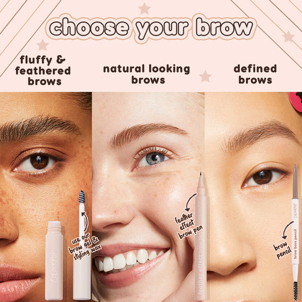 Cool Cocoa Pencil defining brows with precise, hair-like strokes; a fine-tip, dual-ended ColourPop brow pencil with spoolie shown in a three-panel layout comparing fluffy, natural, and defined brow looks.