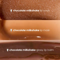 Triple Chocolate Lip Care Kit displaying three Chocolate Milkshake swatches - gritty lip scrub, creamy lip mask, and glossy lip balm - stacked close-ups of chocolate-brown textures with shine, a ColourPop Lip Care Kit for soft, hydrated lips.