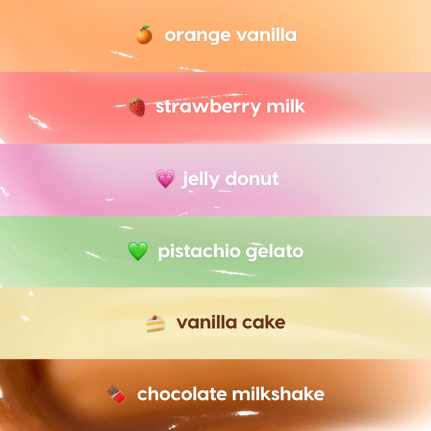 Orange Vanilla lip mask swatch gleams in a six-shade grid, leading dessert-inspired colors - orange vanilla, strawberry milk, jelly donut, pistachio gelato, vanilla cake, chocolate milkshake - showing the glossy, creamy texture of the ColourPop Lip Mask collection.