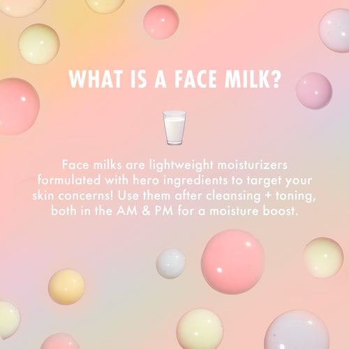 ColourPop Face Milk Oat hydrates skin - lightweight moisturizer highlighted on a pastel pink‑peach gradient with floating glossy cream and blush spheres and a small milk glass icon, promoting daily AM/PM moisture boost.