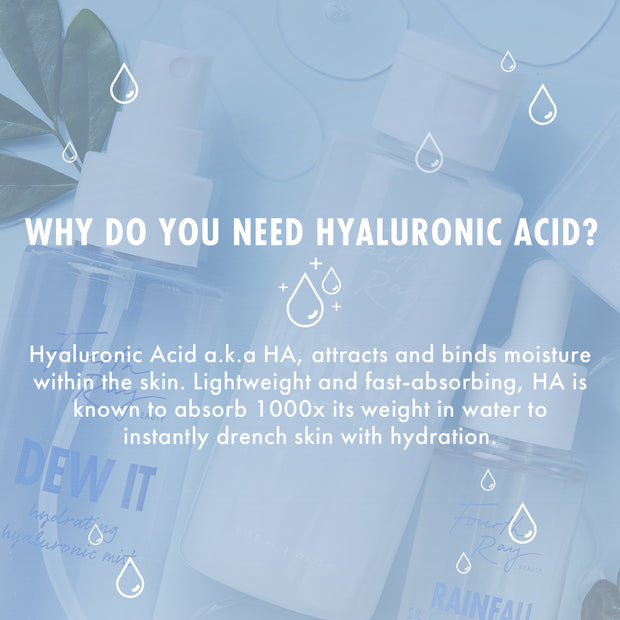 Hydration banner promotes Dew Over ColourPop Serum Stick, illustrating hyaluronic acid benefits with droplet icons over blue‑tinted skincare bottles and leaves, bold headline on HA hydration, suggesting lightweight, fast‑absorbing moisture.