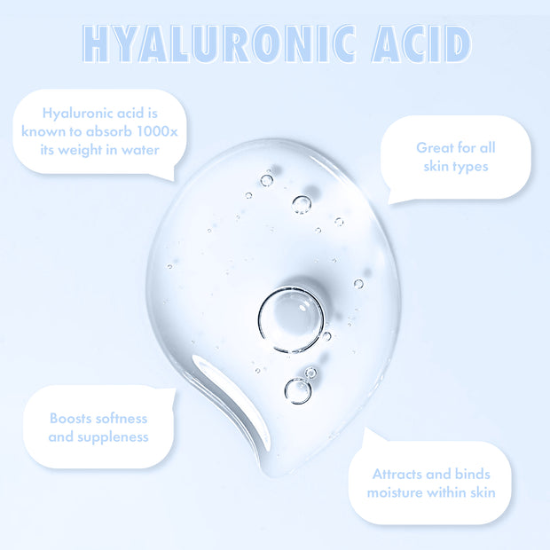 Soak It Up Hydrating Mask, a ColourPop Face Mask, showcases a clear hyaluronic acid gel droplet on a pale blue infographic, highlighting benefits: absorbs 1000x its weight in water, attracts and binds moisture, boosts softness, great for all skin types.