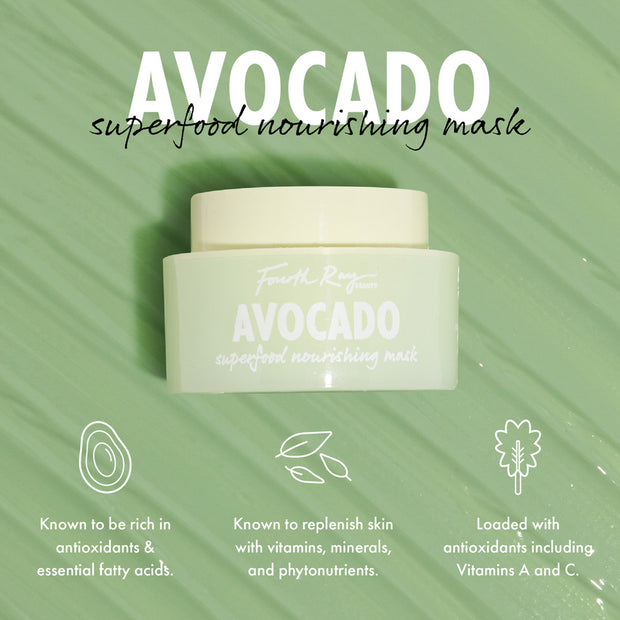 Fourth Ray Beauty Avocado Superfood Mask face mask jar sits on a green textured backdrop, label reading AVOCADO superfood nourishing mask, with icons highlighting antioxidants, essential fatty acids, and vitamins A & C; hydrating ColourPop Face Mask.